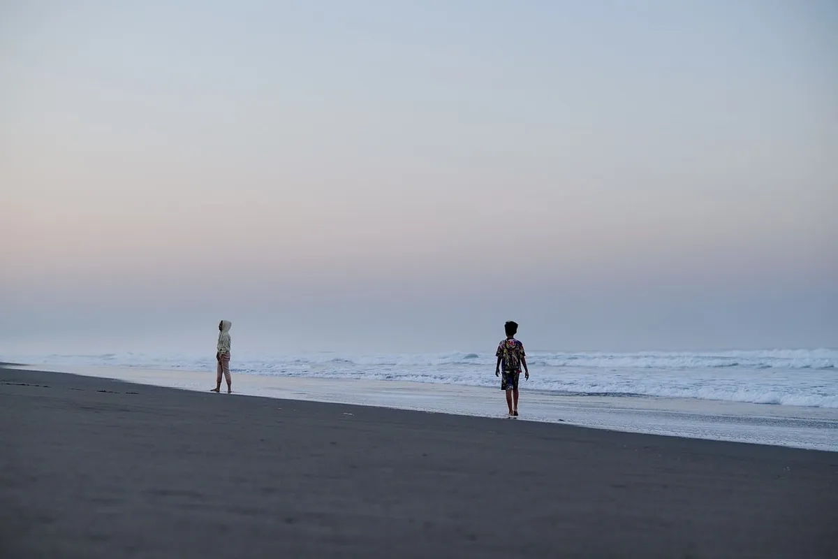 children, playing, beach, ocean, coastline, sea, dark sand, volcanic, fun, happiness, joy, summer, nature, vacation, sand, shore, coast, mist, dawn, horizon, da