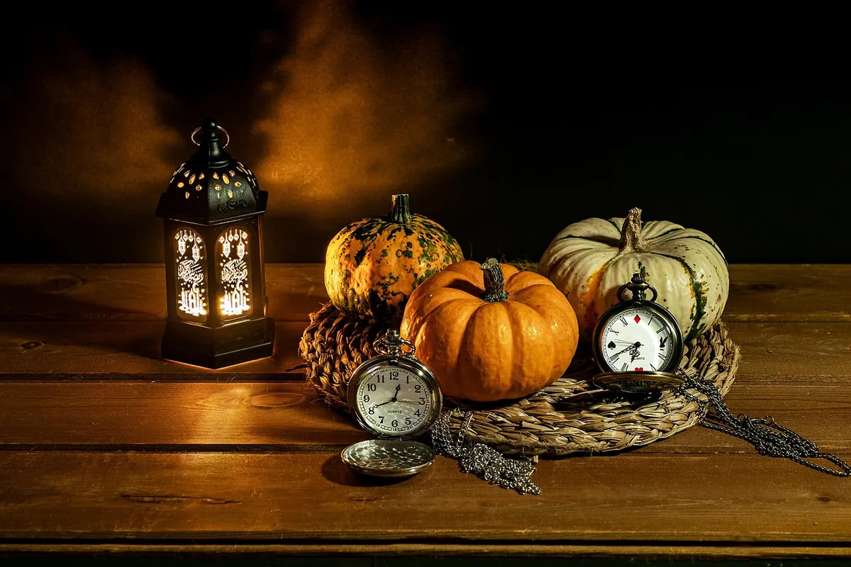 environment, still life, pumpkins, composition, creation, blur, lights, light, clock, time