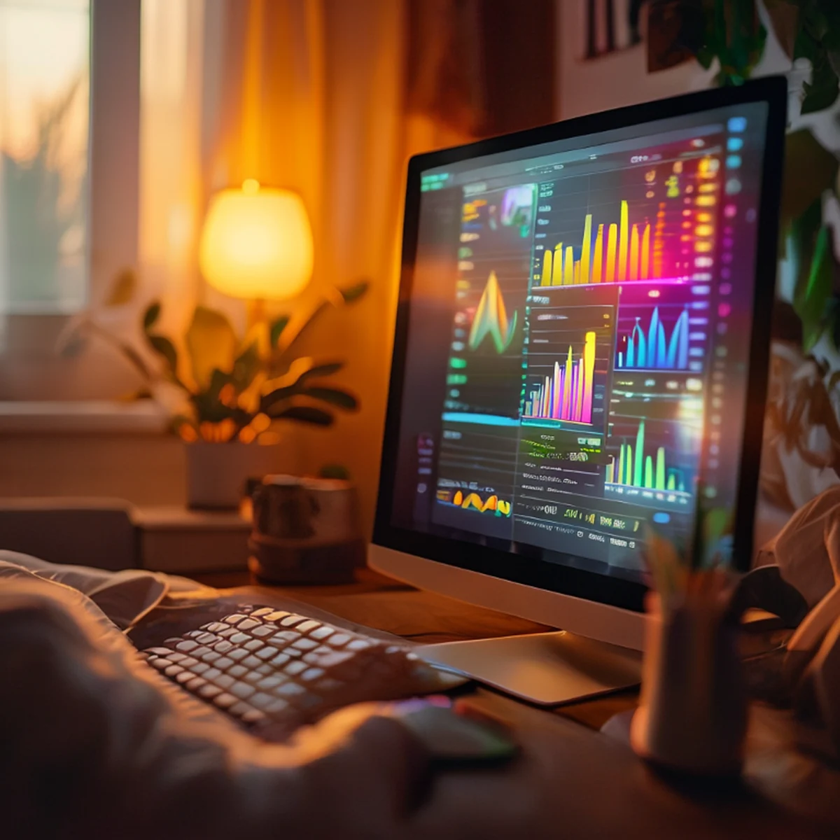 上昇するグラフが表示されたゲーミングモニターのクローズアップ